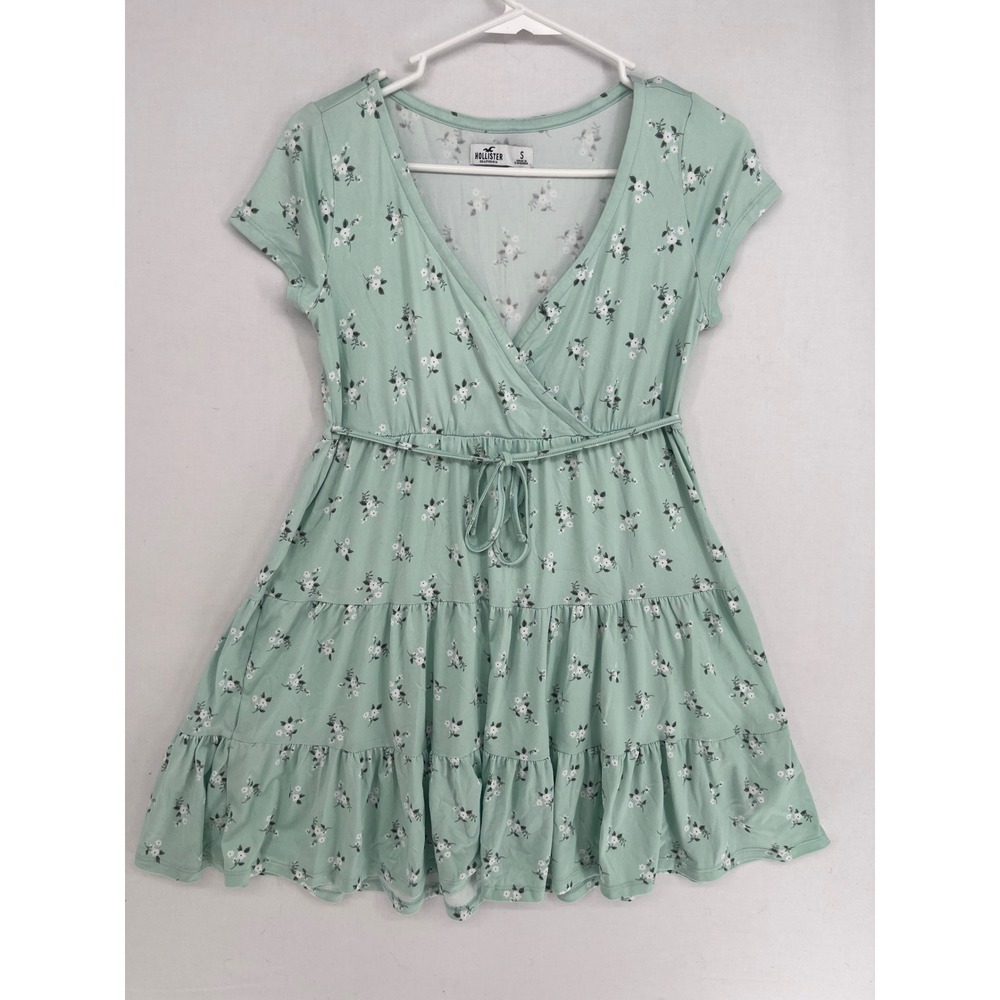 Hollister Floral Mini Dress Small Green Short Sleeve Tiered V-Neck Wrap Front S